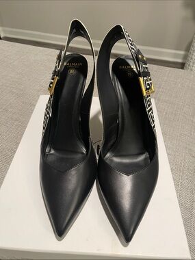 Balmain Black Leather Pointed Slingback Pumps with Logo Strap